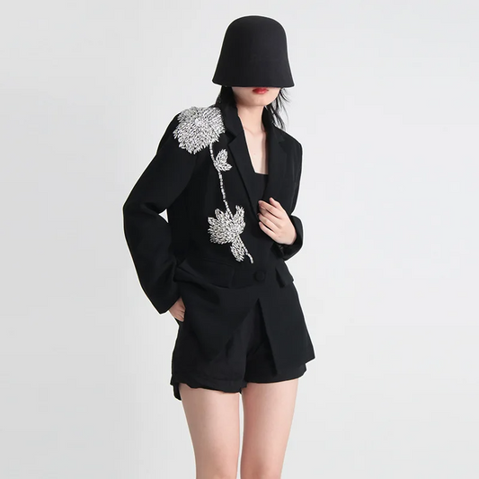 BLACK BLAZER with RHINESTONE FLOWER