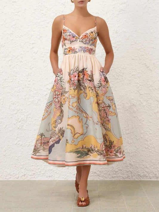 Nautical Map Print Vacation Midi Dress