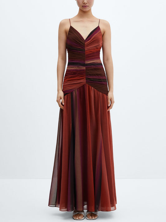 Exquisite Sunset Ombre Print V Neck Pleated Maxi Dress