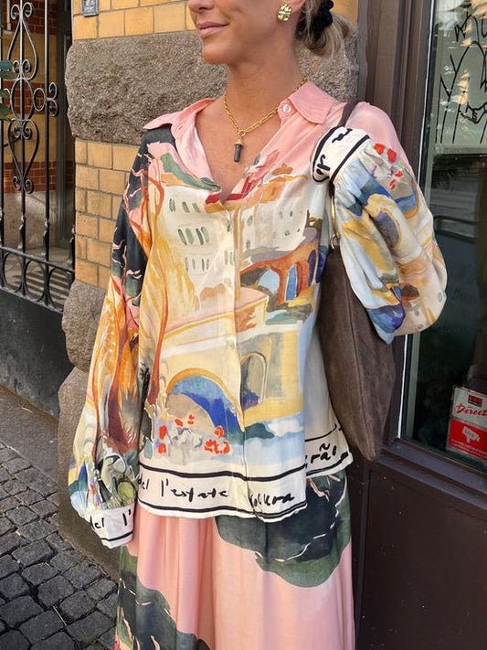Landscape Print Loose Shirt-Pink