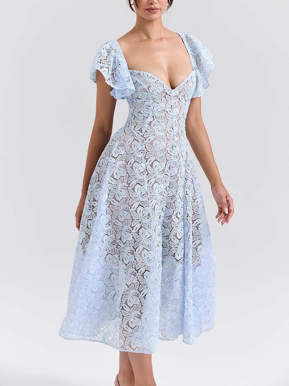 Romantic Bluebell Lace Butterfly Sleeve Sweetheart Neck Stretch Midi Dress