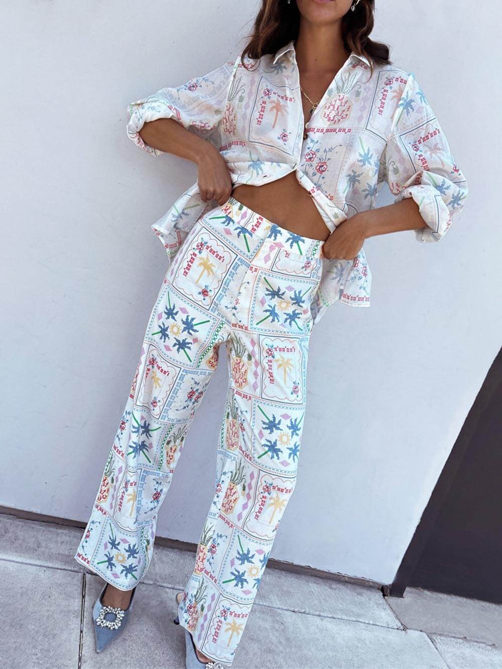 Unique Island Print Elasticated Straight Leg Trousers