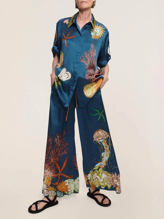 Classic Modern Feel Unique Satin Ocean Animal Print Drawstring Elastic Pocket Wide Leg Pants