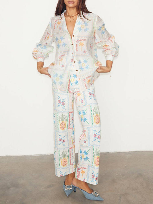 Unique Island Print Elasticated Straight Leg Trousers
