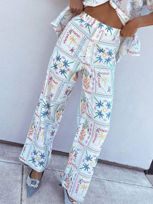 Unique Island Print Elasticated Straight Leg Trousers