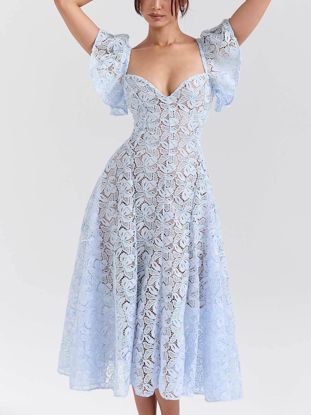 Romantic Bluebell Lace Butterfly Sleeve Sweetheart Neck Stretch Midi Dress