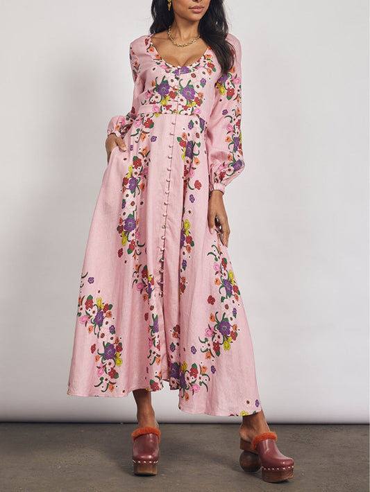 Rose Printed Flared Hem Midi Dress