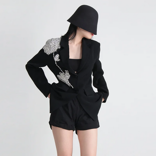 BLACK BLAZER with RHINESTONE FLOWER