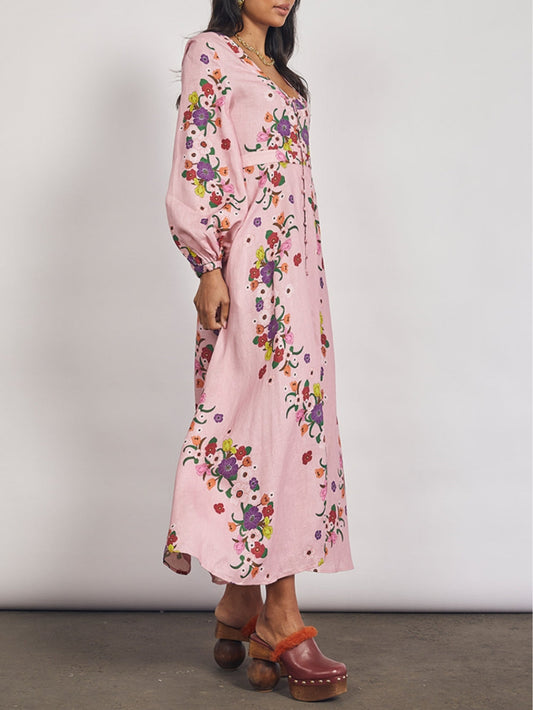 Rose Printed Flared Hem Midi Dress