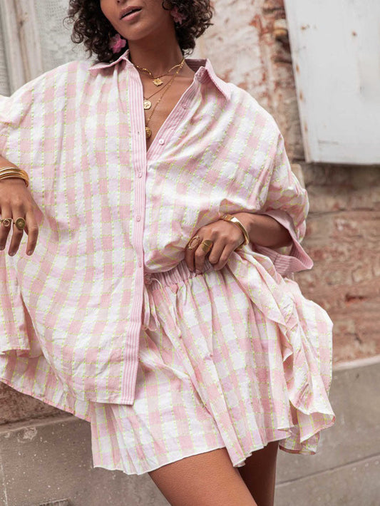 Unique Check Print Bat Sleeve Oversized Shirt