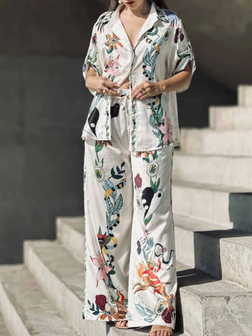 Satin Oversized Blouse with Sophisticated Print