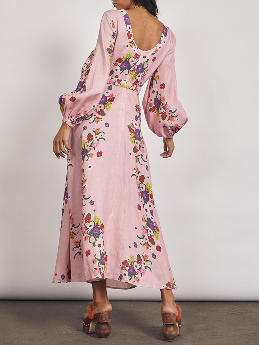 Rose Printed Flared Hem Midi Dress