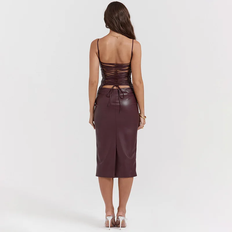 ENNY PU LEATHER LACE UP MIDI DRESS
