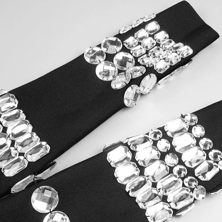 BLACK HIGH NECK MIDI DRESS with RHINESTONES