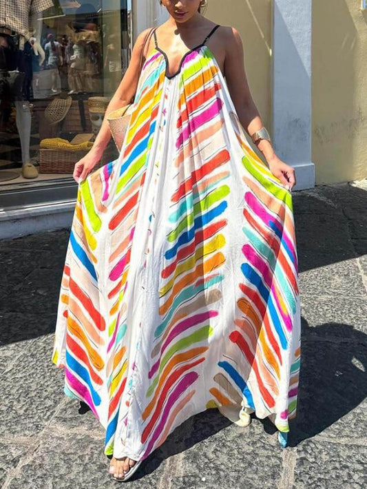 Modern Rainbow Stripe Print Loose Suspender Dress