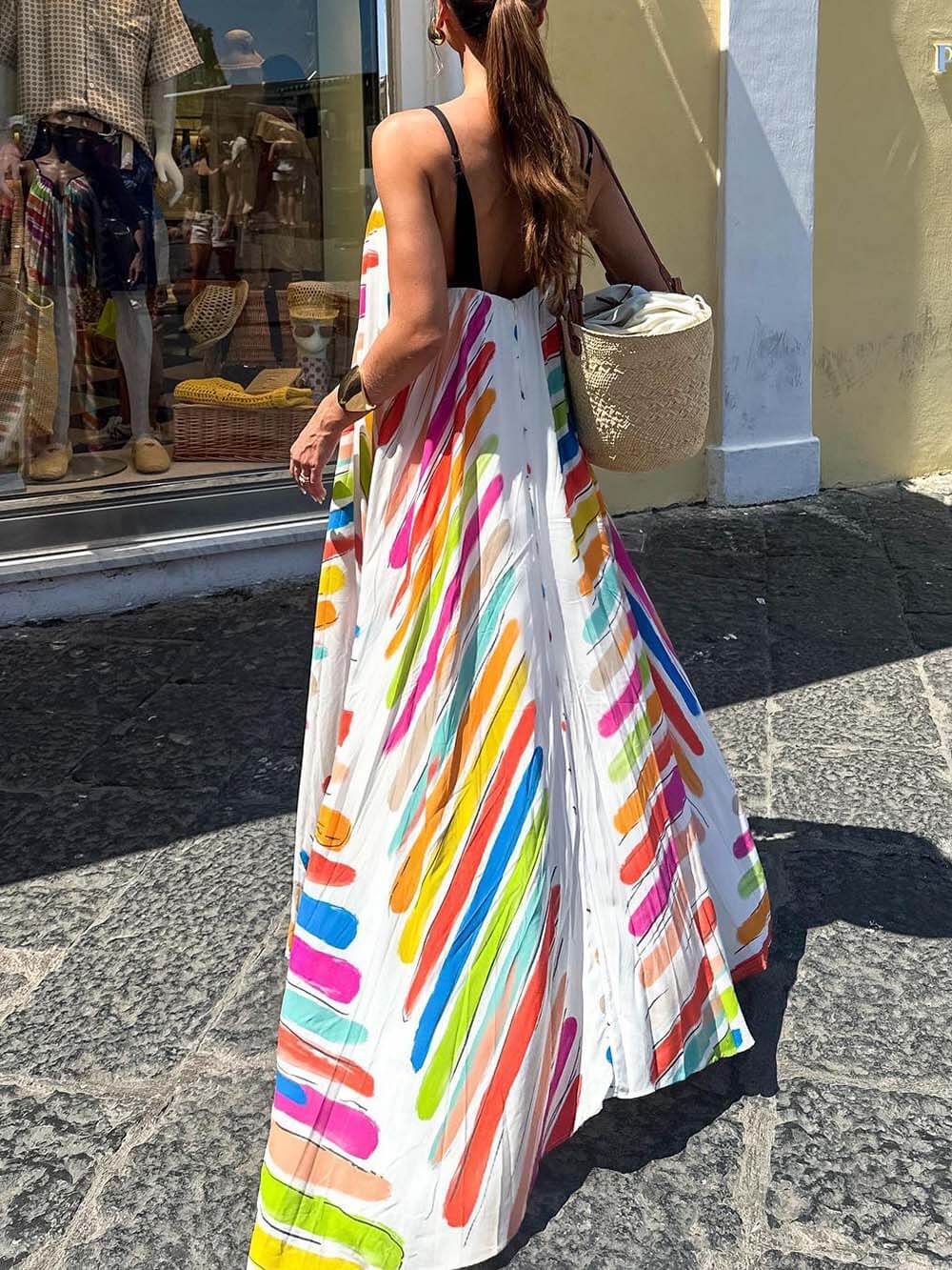 Modern Rainbow Stripe Print Loose Suspender Dress