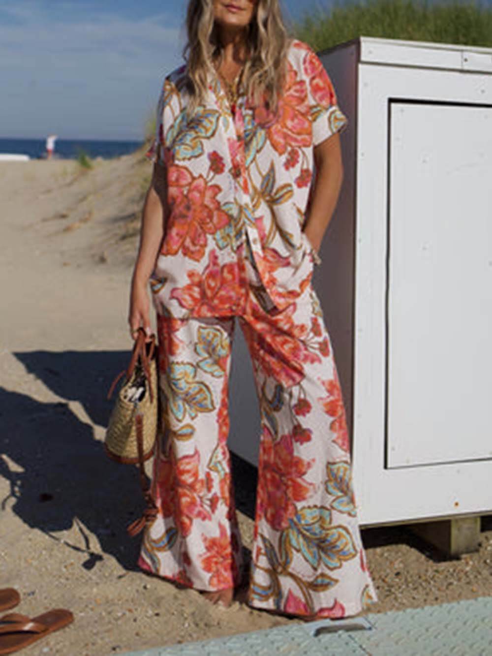 Modern Unique Floral Print Button-Down Oversized Blouse