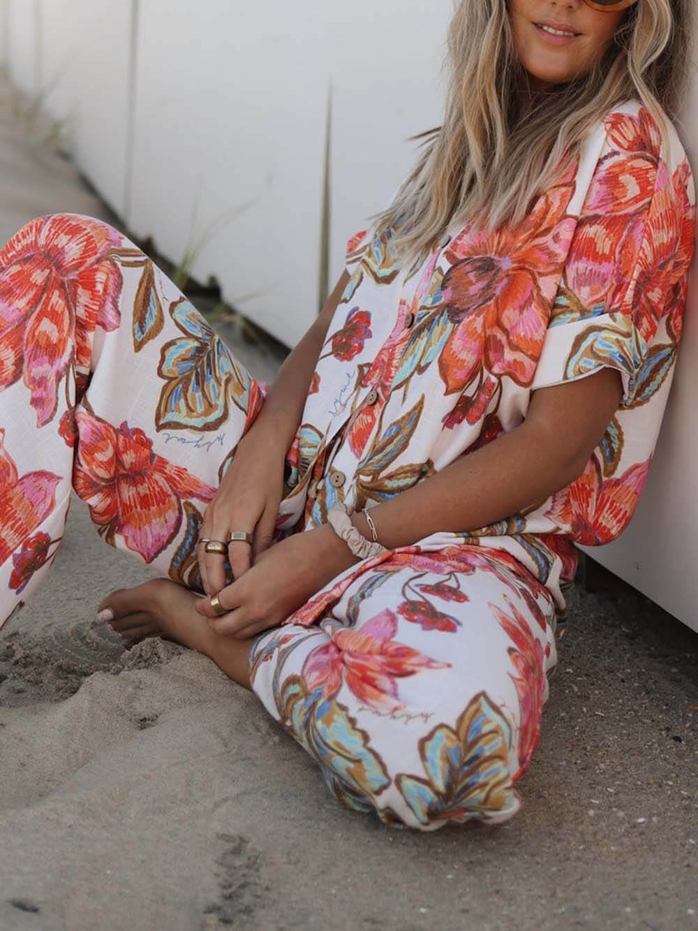 Modern Unique Floral Print Button-Down Oversized Blouse
