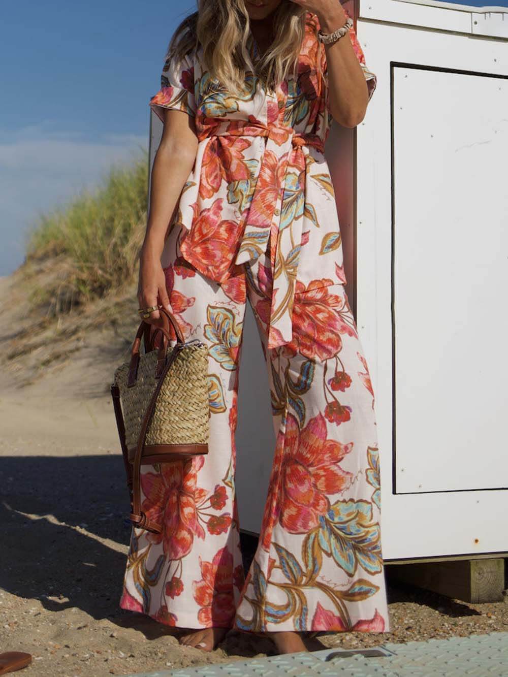 Modern Unique Floral Print Button-Down Oversized Blouse