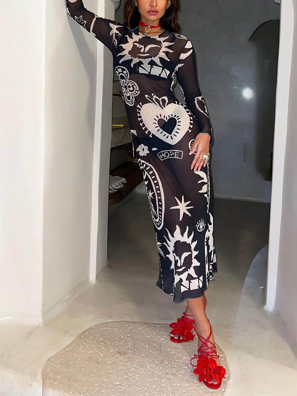 Retro Midnight Romance Mesh Print Dress