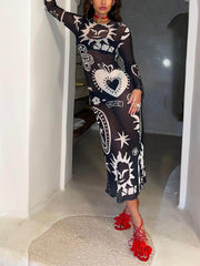 Retro Midnight Romance Mesh Print Dress