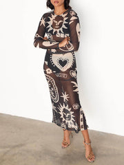 Retro Midnight Romance Mesh Print Dress