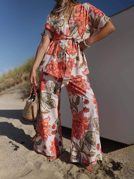 Modern Unique Floral Print Elastic Pocket Wide Leg Pants