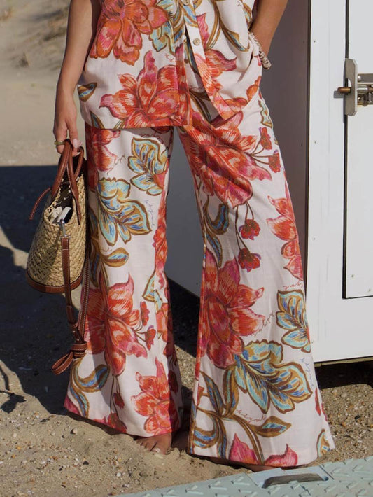 Modern Unique Floral Print Elastic Pocket Wide Leg Pants