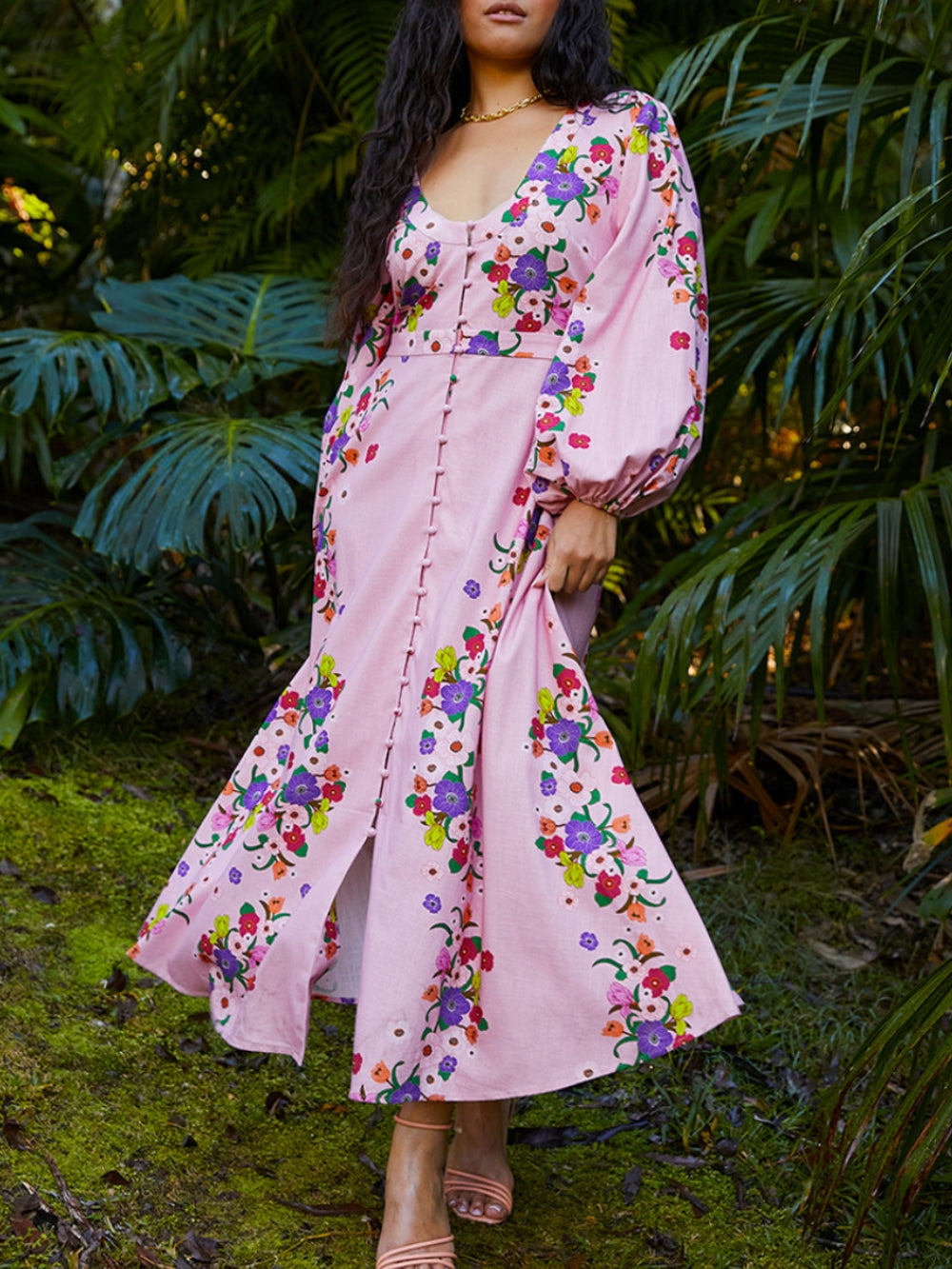 Rose Printed Flared Hem Midi Dress