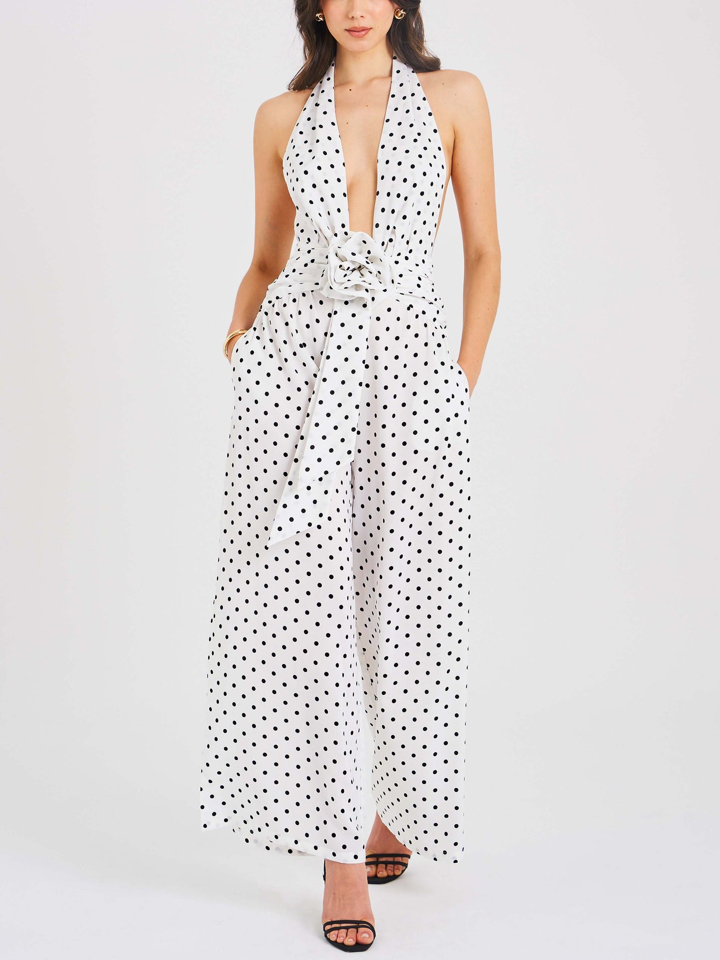 Retro Polka Dot Classic Deep V-Neck Open Back Polka Dot Jumpsuit