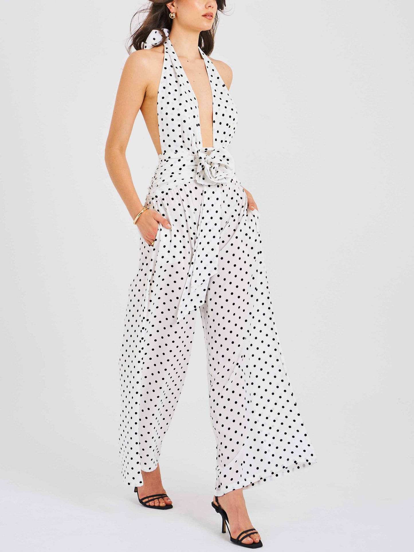 Retro Polka Dot Classic Deep V-Neck Open Back Polka Dot Jumpsuit