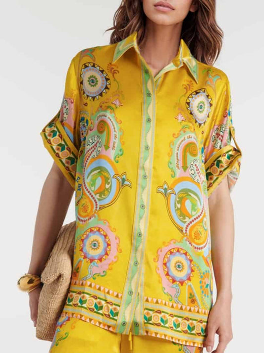 Luxe Satin Cashew Blossom Oversized Shirt