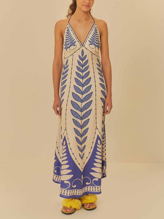 Unique Botanical And Floral Print V-Neck Halter Back Maxi Dress