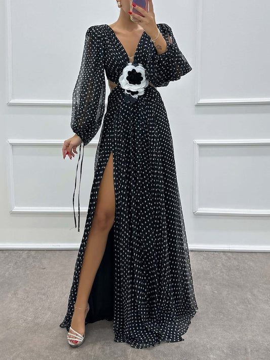 Elegant Classic Polka Dot V-Neck Slit Maxi Dress