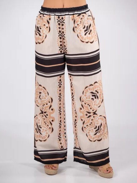 Vintage Colorblock Floral Print Elastic Waist Pocket Wide Leg Pants