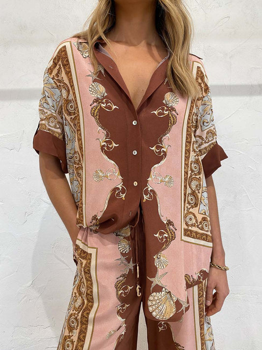 Retro Ocean Painted Print Single-Breasted Loose Shirt