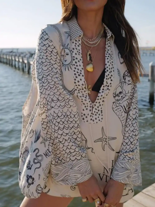 Live By Water Satin Unique Print Tassle Shirt and Elastic Waist Shorts Set