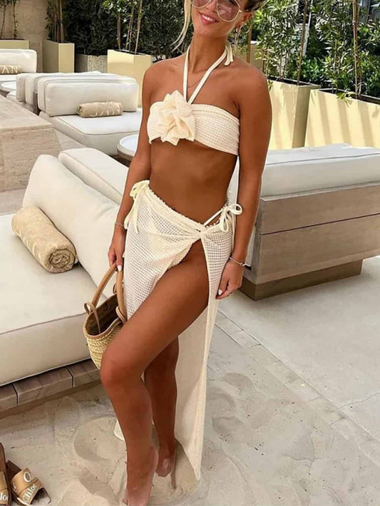 Halter Crop Top Knit Maxi Skirt Three-Piece Set