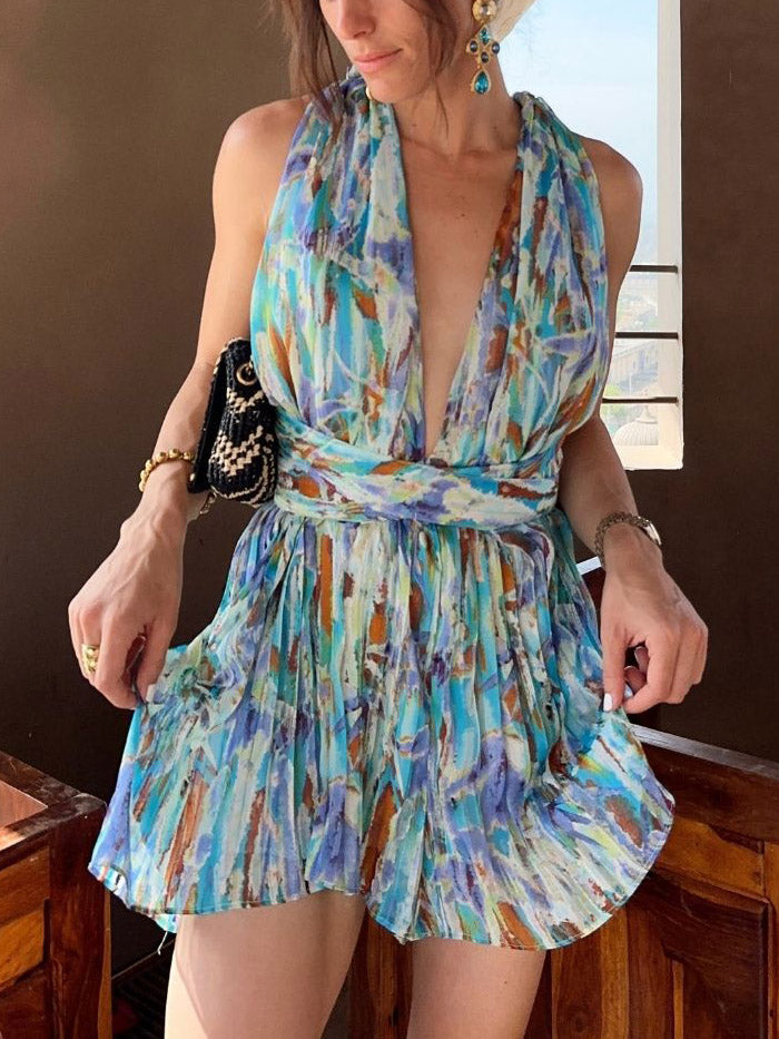 Pleated Halterneck Deep V-Neck A-Line Mini Dress