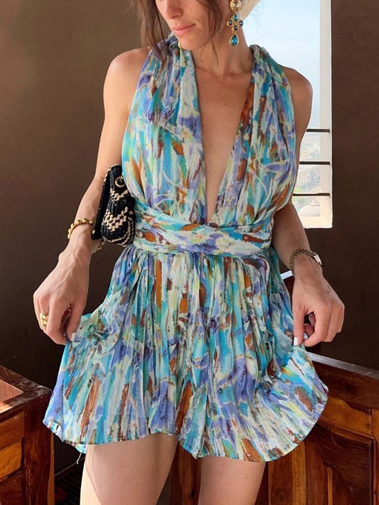 Pleated Halterneck Deep V-Neck A-Line Mini Dress