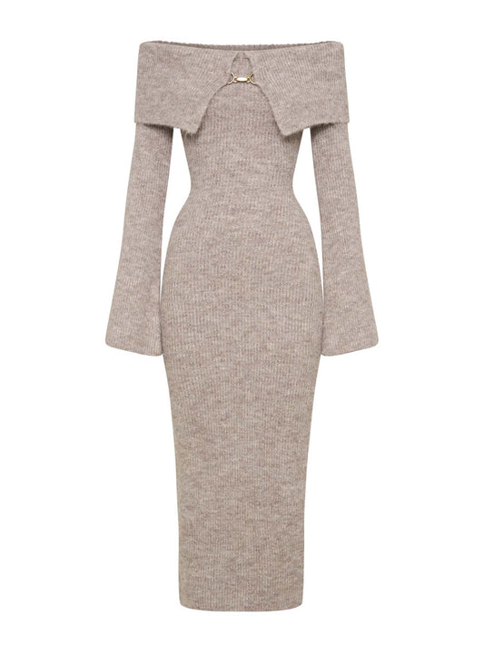 Sexy Off-The-Shoulder Fluffy Knit Midi Dress