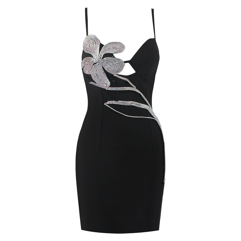 FUSAE BLACK MINI DRESS with CRYSTAL FLOWER