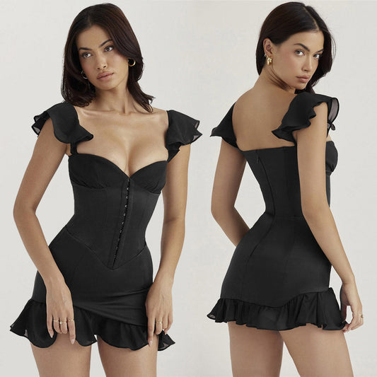 CHIYOKO BLACK MINI DRESS with CORSET and RUFFLES