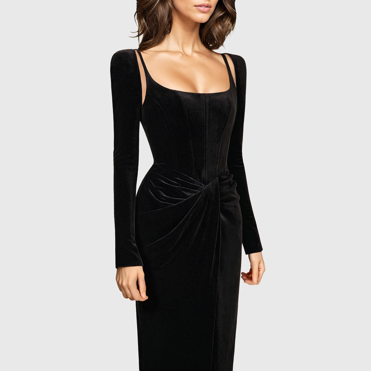 BLACK MIDI DRESS with CORSET LONG SLEEVES and FRONT SLIT