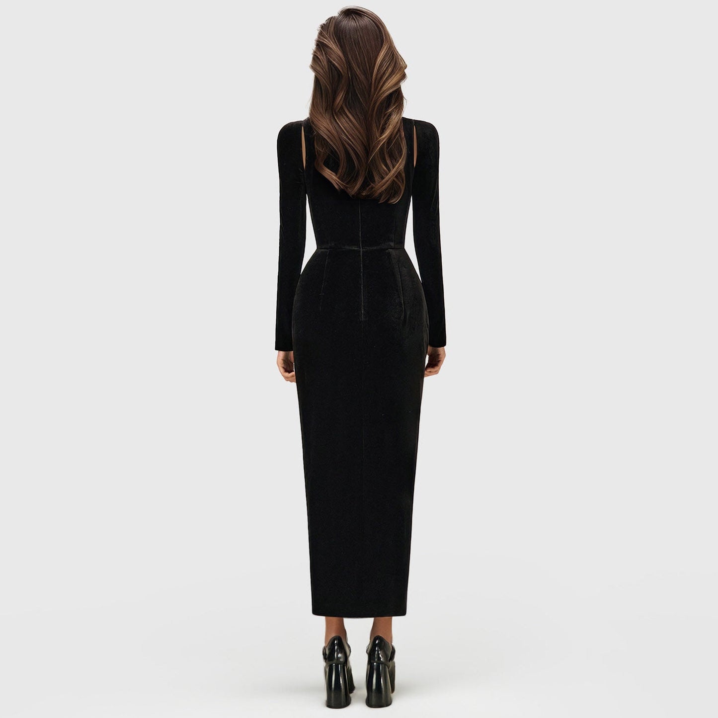 BLACK MIDI DRESS with CORSET LONG SLEEVES and FRONT SLIT