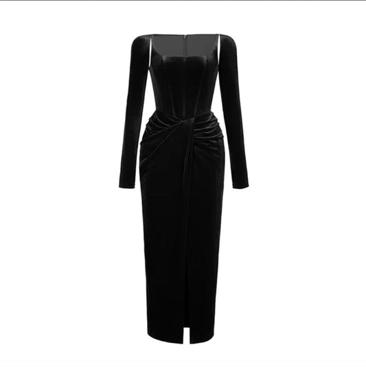 BLACK MIDI DRESS with CORSET LONG SLEEVES and FRONT SLIT