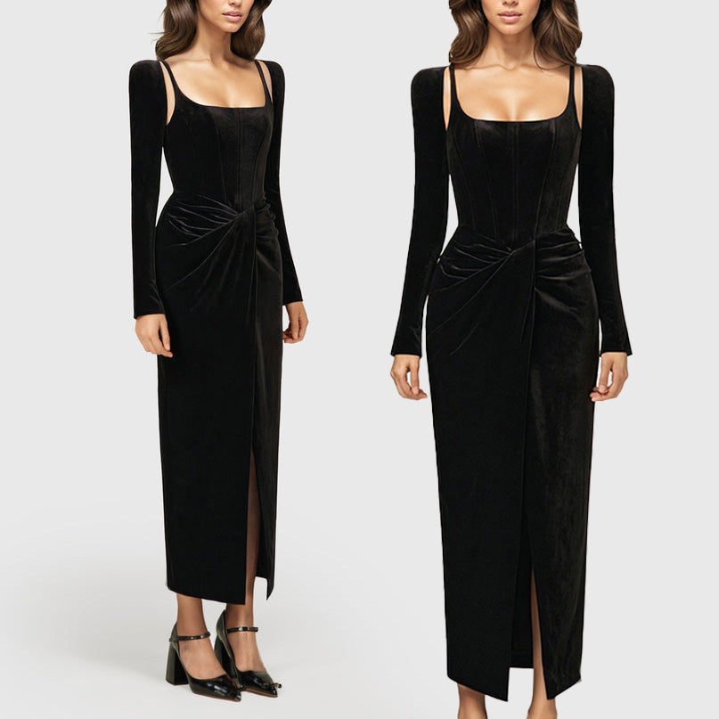 BLACK MIDI DRESS with CORSET LONG SLEEVES and FRONT SLIT