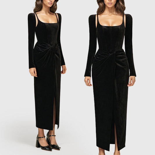 BLACK MIDI DRESS with CORSET LONG SLEEVES and FRONT SLIT