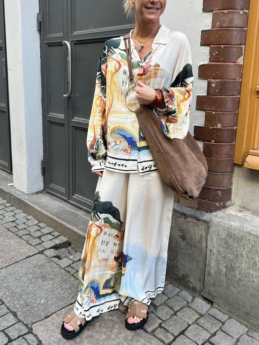 Landscape Print Loose Shirt-White