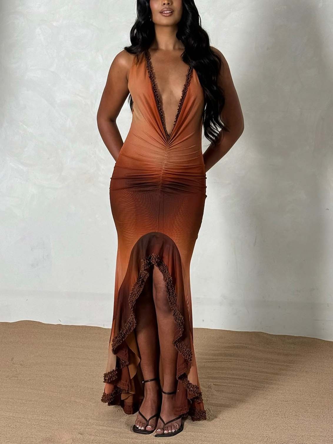 Modern Sunset Smooth Print Deep V Neck Midi Dress